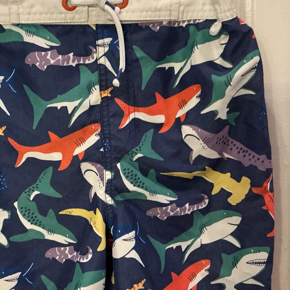 Boden Boys Shark Print Swim Trunks Blue Multicolor Lined Pockets 11-12Y